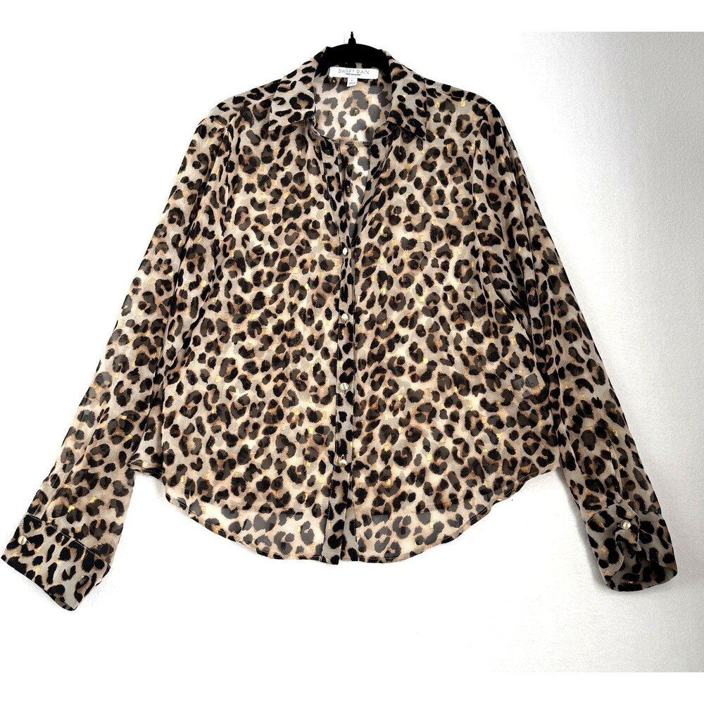 Sweet Rain Leopard Blouse Women L Sheer Metallic Gold Button Down Animal Print
